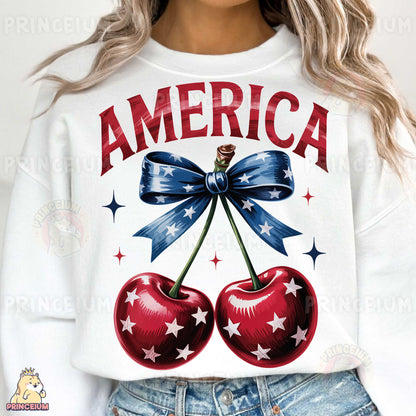 a woman wearing a white sweatshirt with two cherries on it