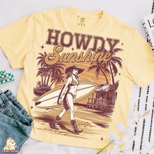 a yellow t - shirt with a picture of a woman carrying a surfboard