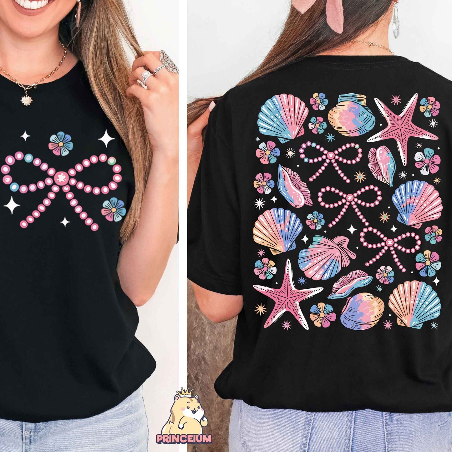 a woman wearing a black shirt with pink and blue seashells on it