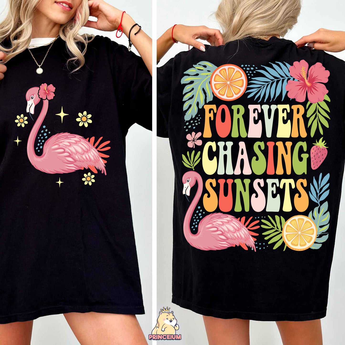 a woman wearing a t - shirt that says forever chasing sunsets