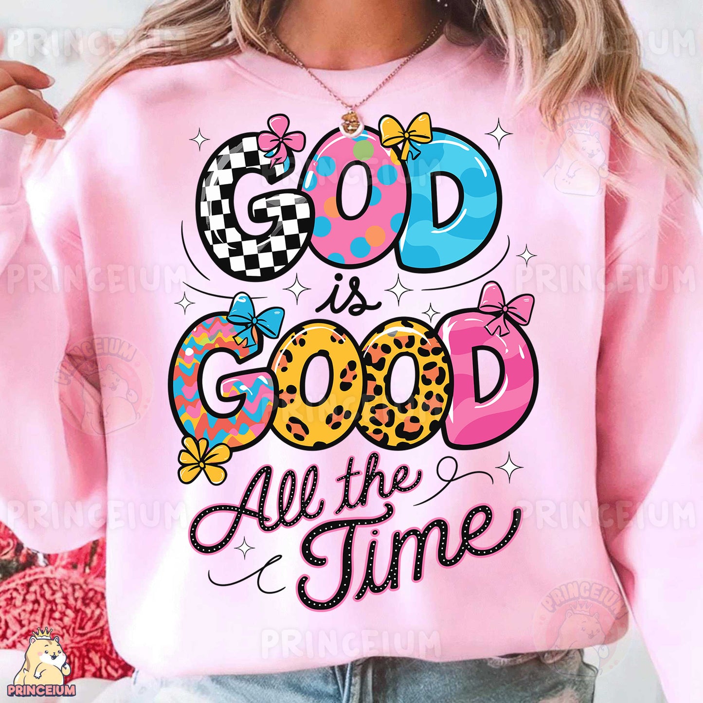a woman wearing a pink sweatshirt that says god is good all the time