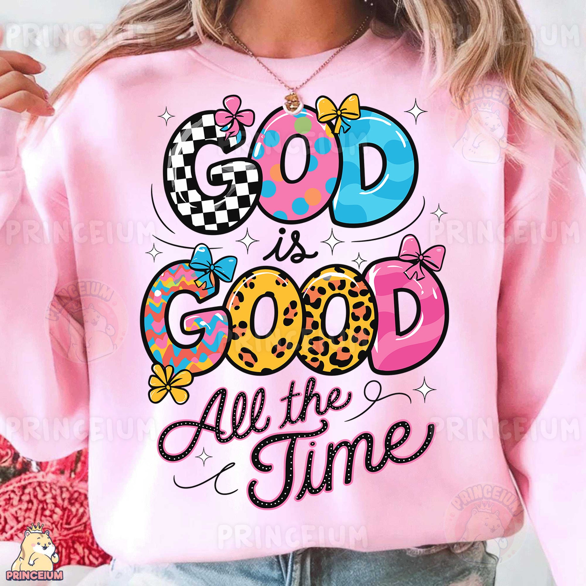 a woman wearing a pink sweatshirt that says god is good all the time