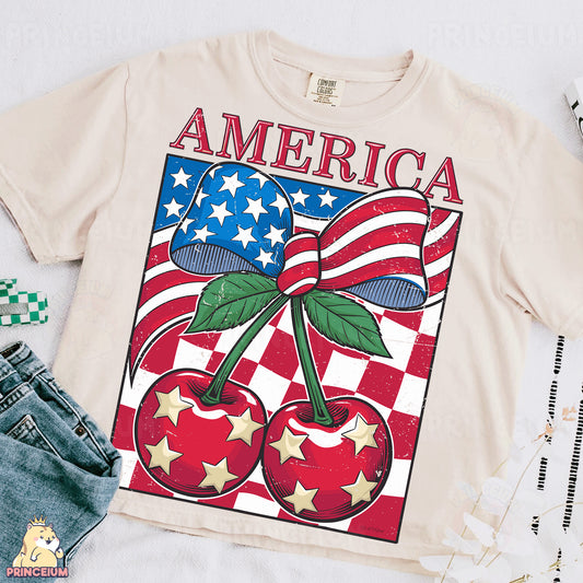 a t - shirt with cherries and an american flag