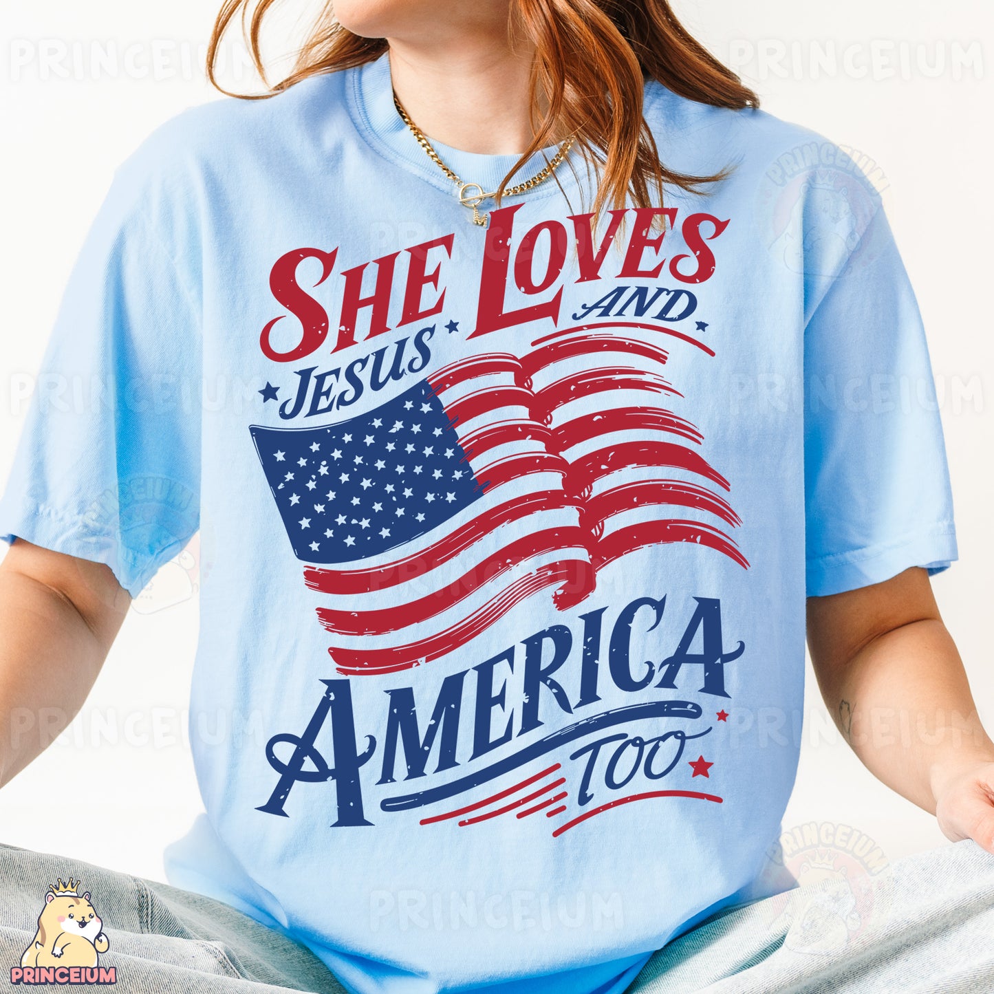 a woman wearing a t - shirt that says she loves jesus and america too