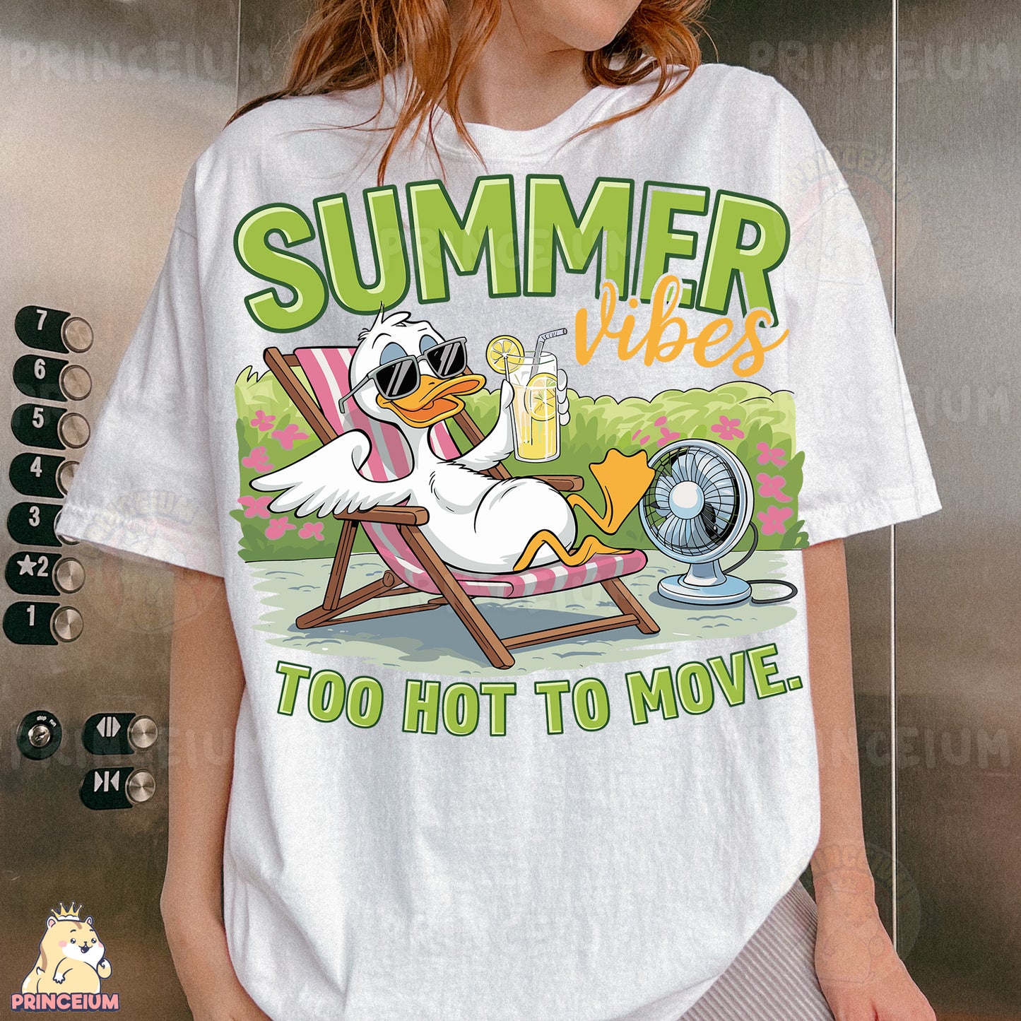 a woman wearing a t - shirt that says summer vibes too hot to move