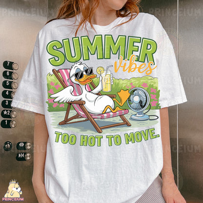 a woman wearing a t - shirt that says summer vibes too hot to move