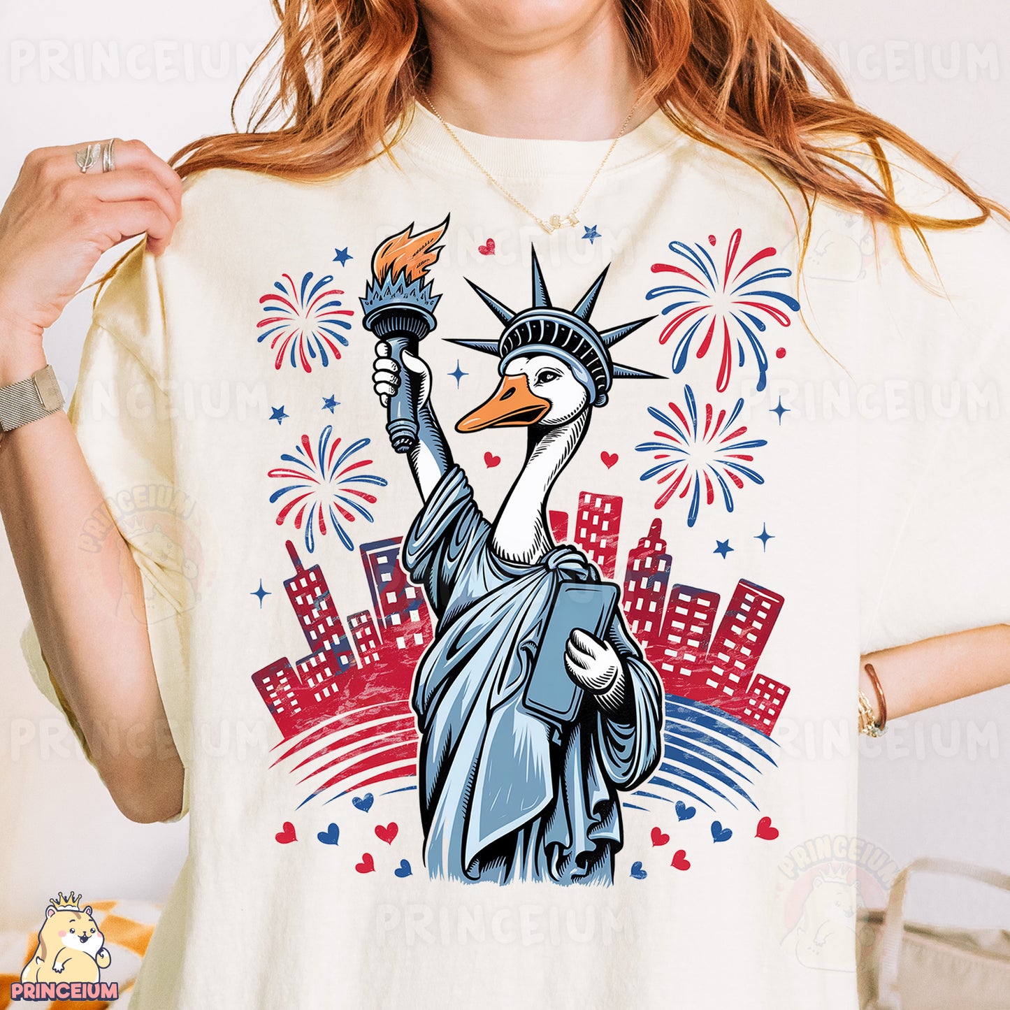 a woman wearing a t - shirt with the statue of liberty on it