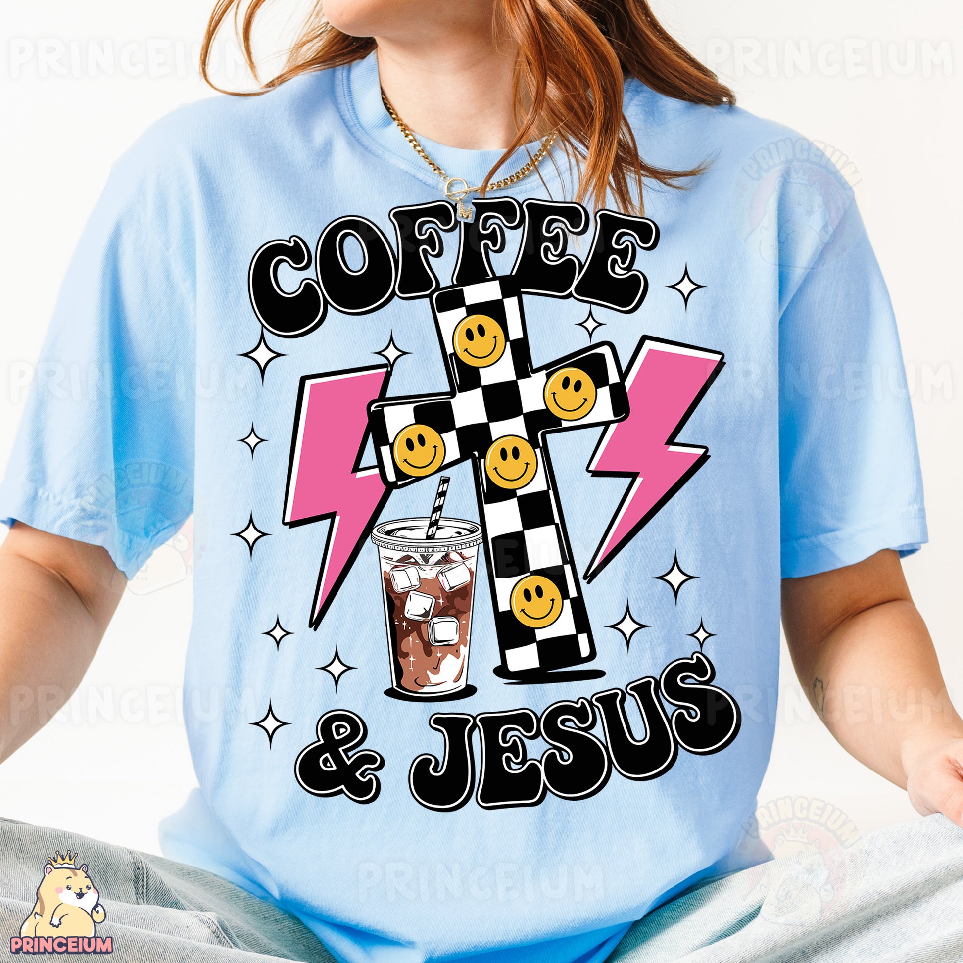 a woman wearing a t - shirt with a cross on it