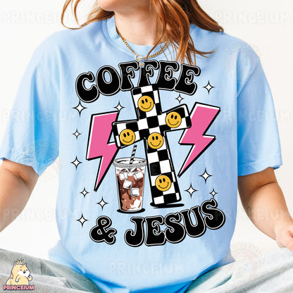 a woman wearing a t - shirt with a cross on it
