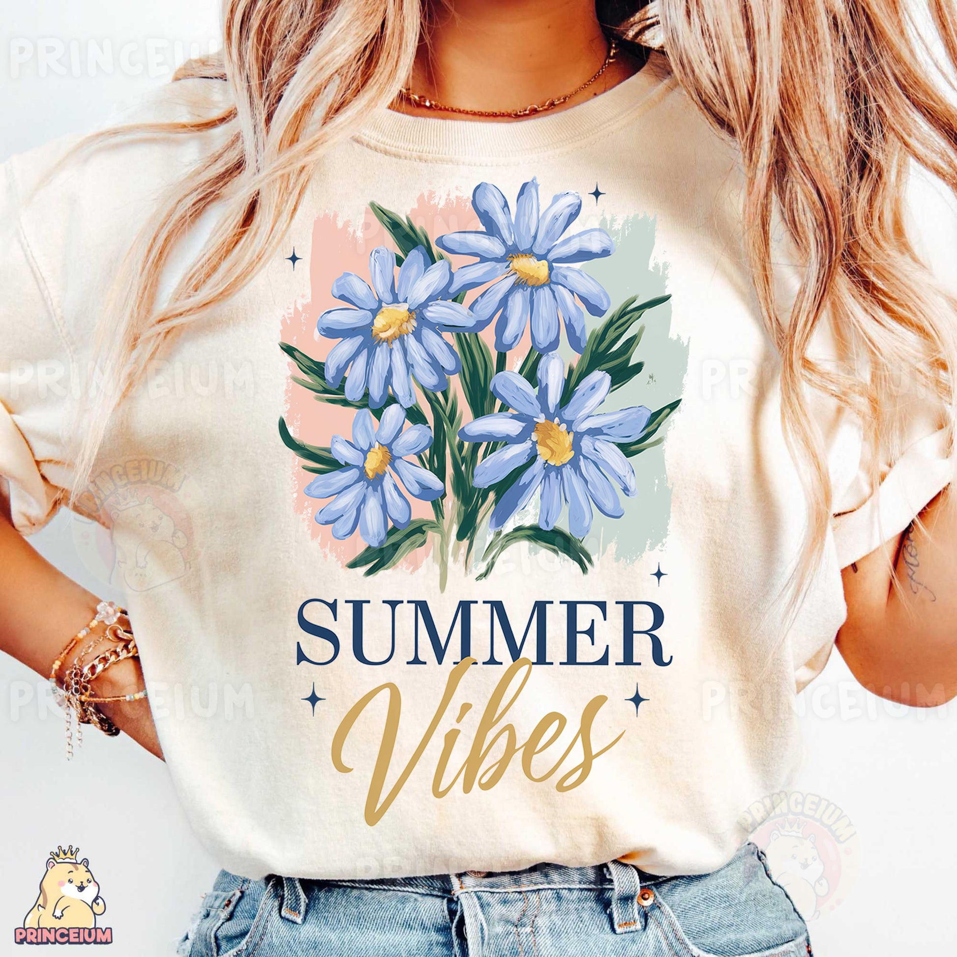 a woman wearing a t - shirt that says summer vibes