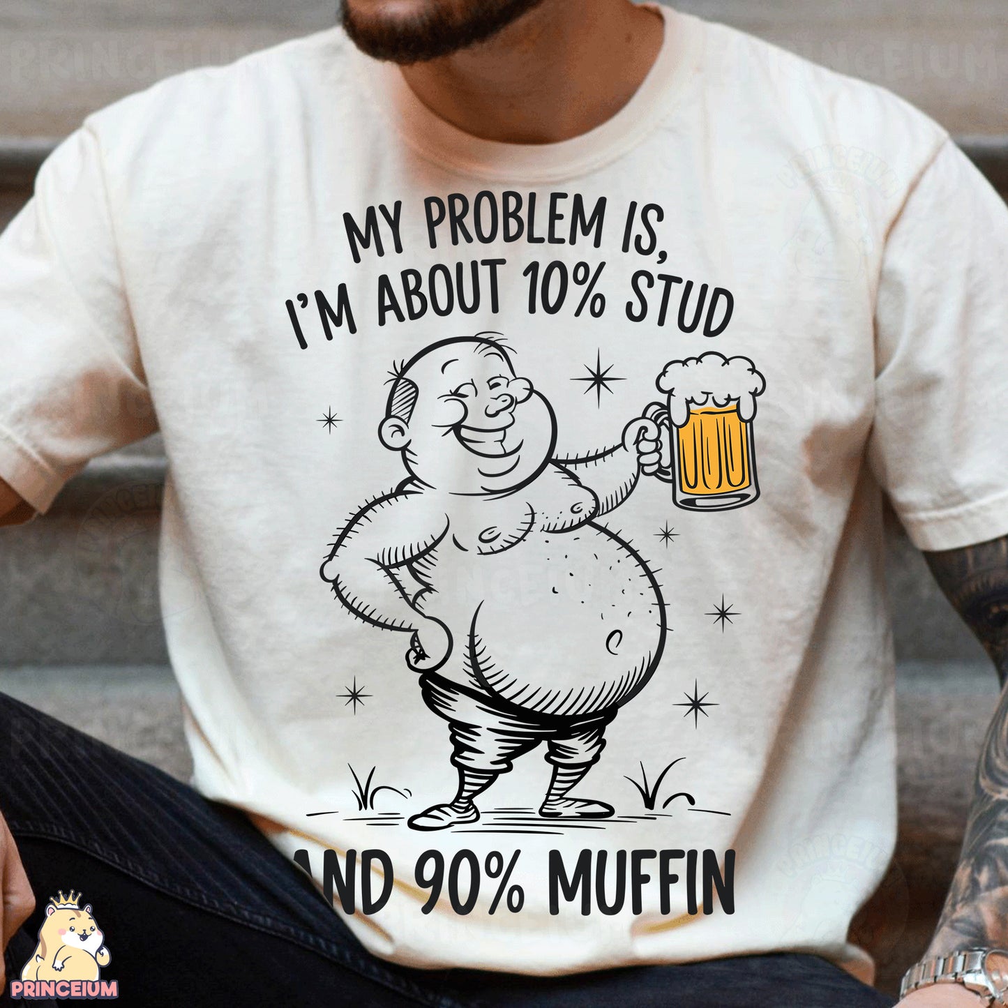 a man sitting down holding a mug of beer