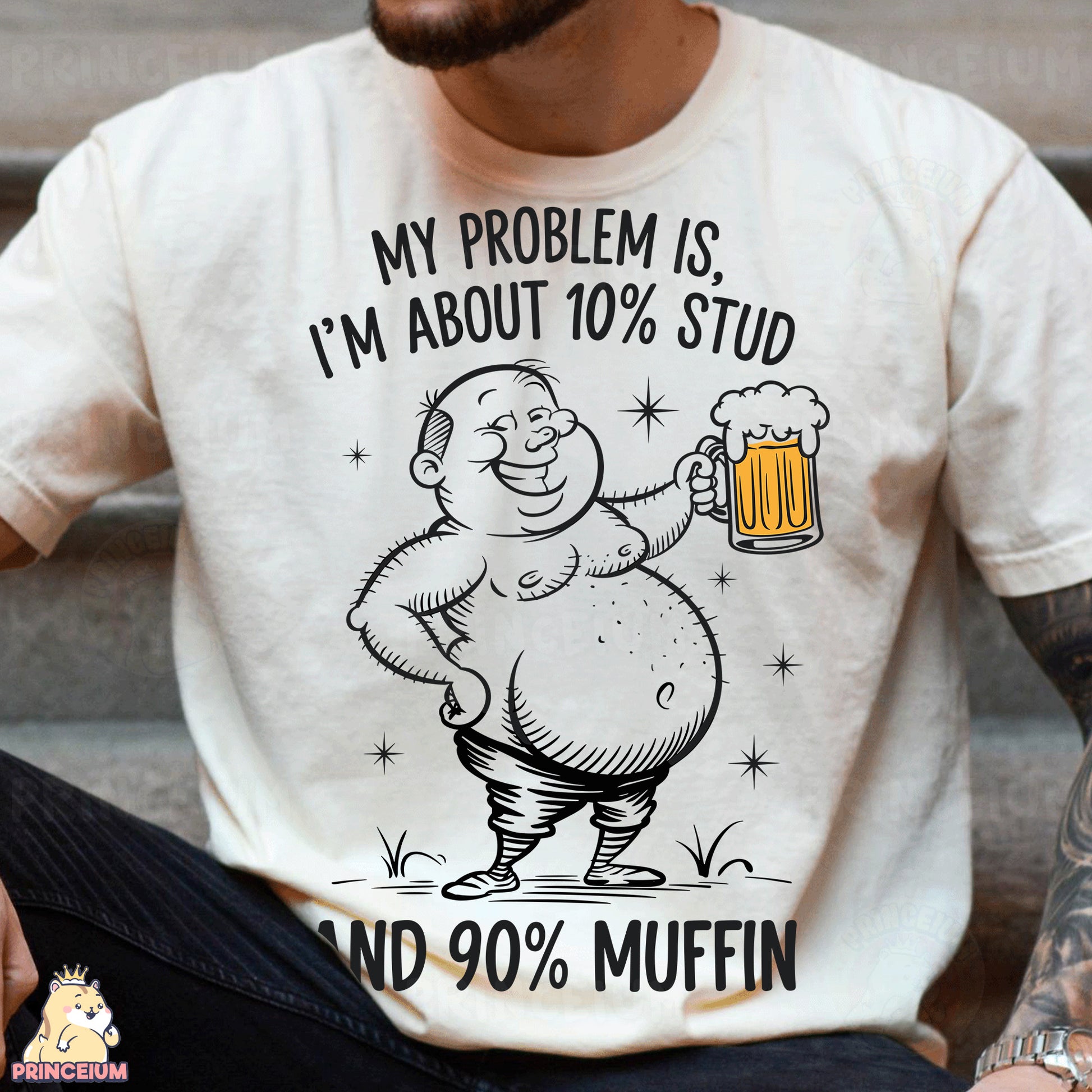 a man sitting down holding a mug of beer