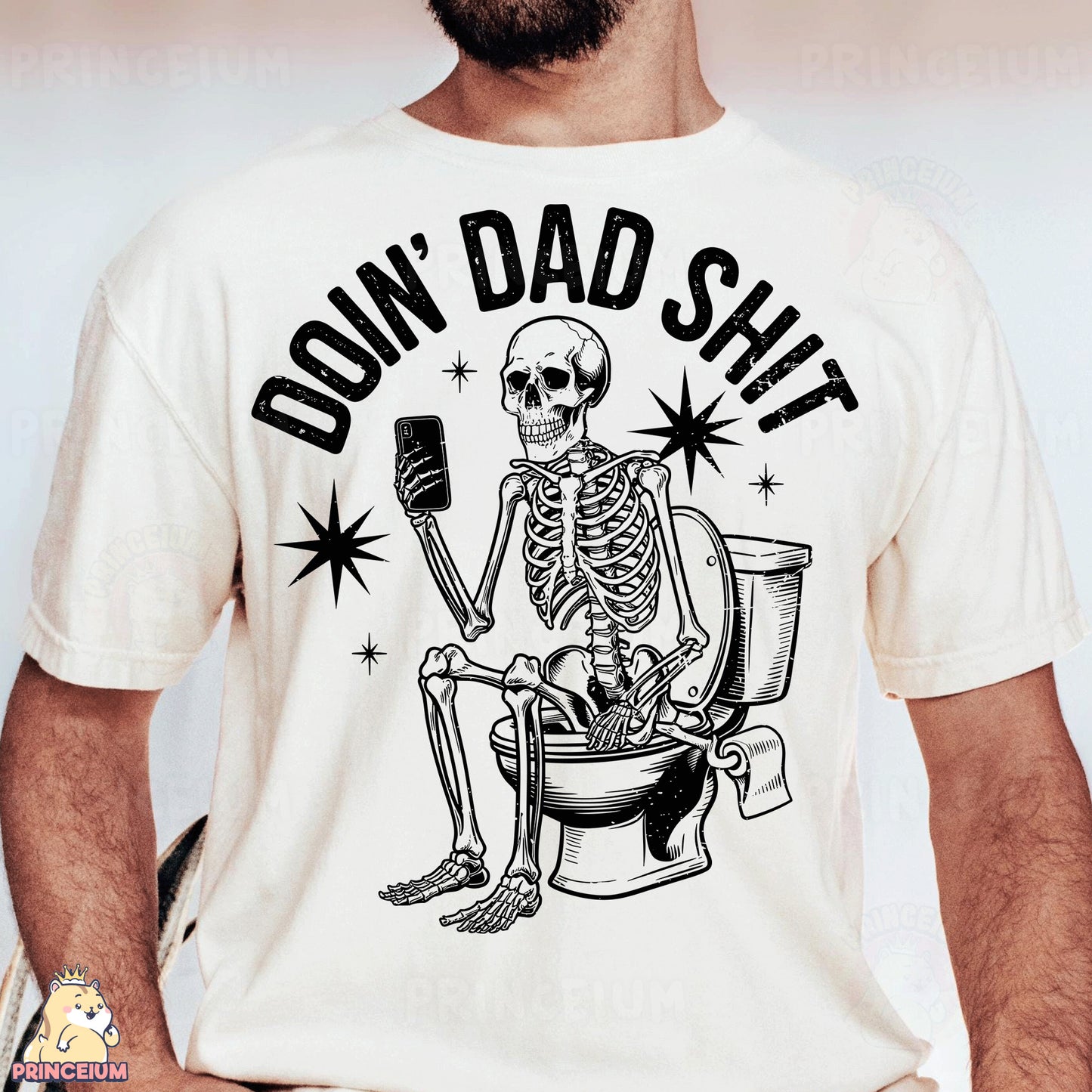 a man wearing a white shirt with a skeleton sitting on a toilet