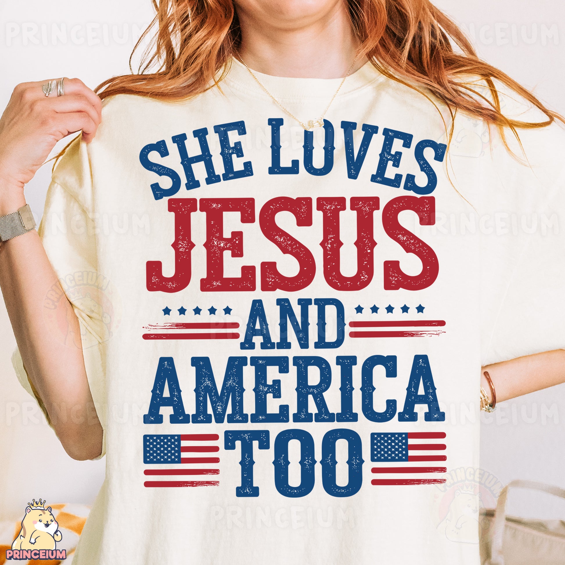 a woman wearing a t - shirt that says she loves jesus and america too