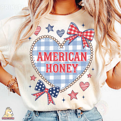 a woman wearing a t - shirt that says american honey