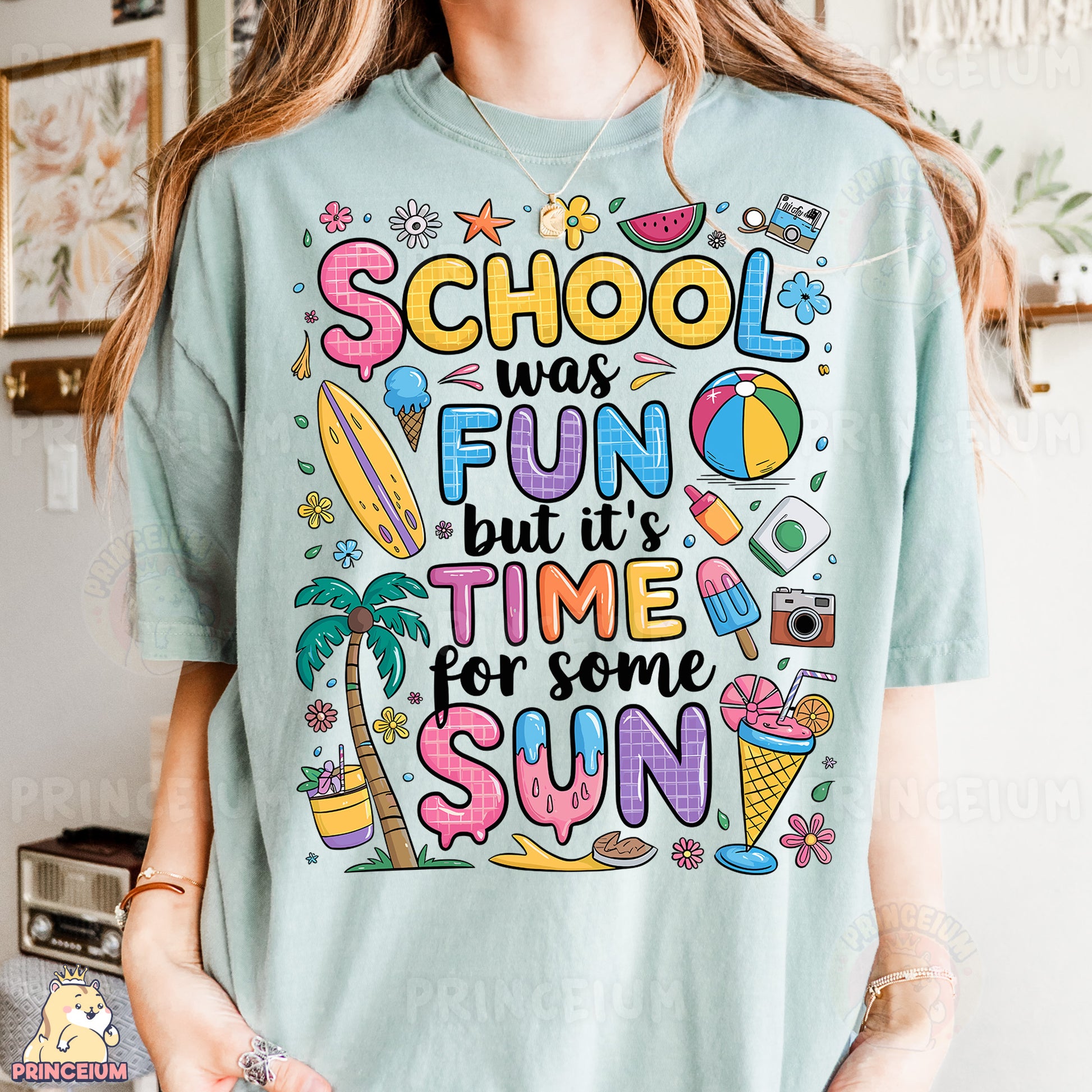 a woman wearing a t - shirt that says school is fun but it's