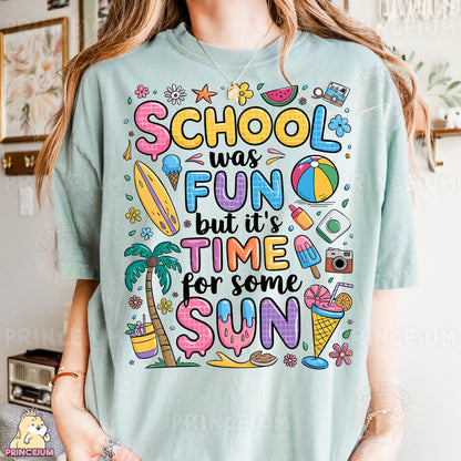 a woman wearing a t - shirt that says school is fun but it's