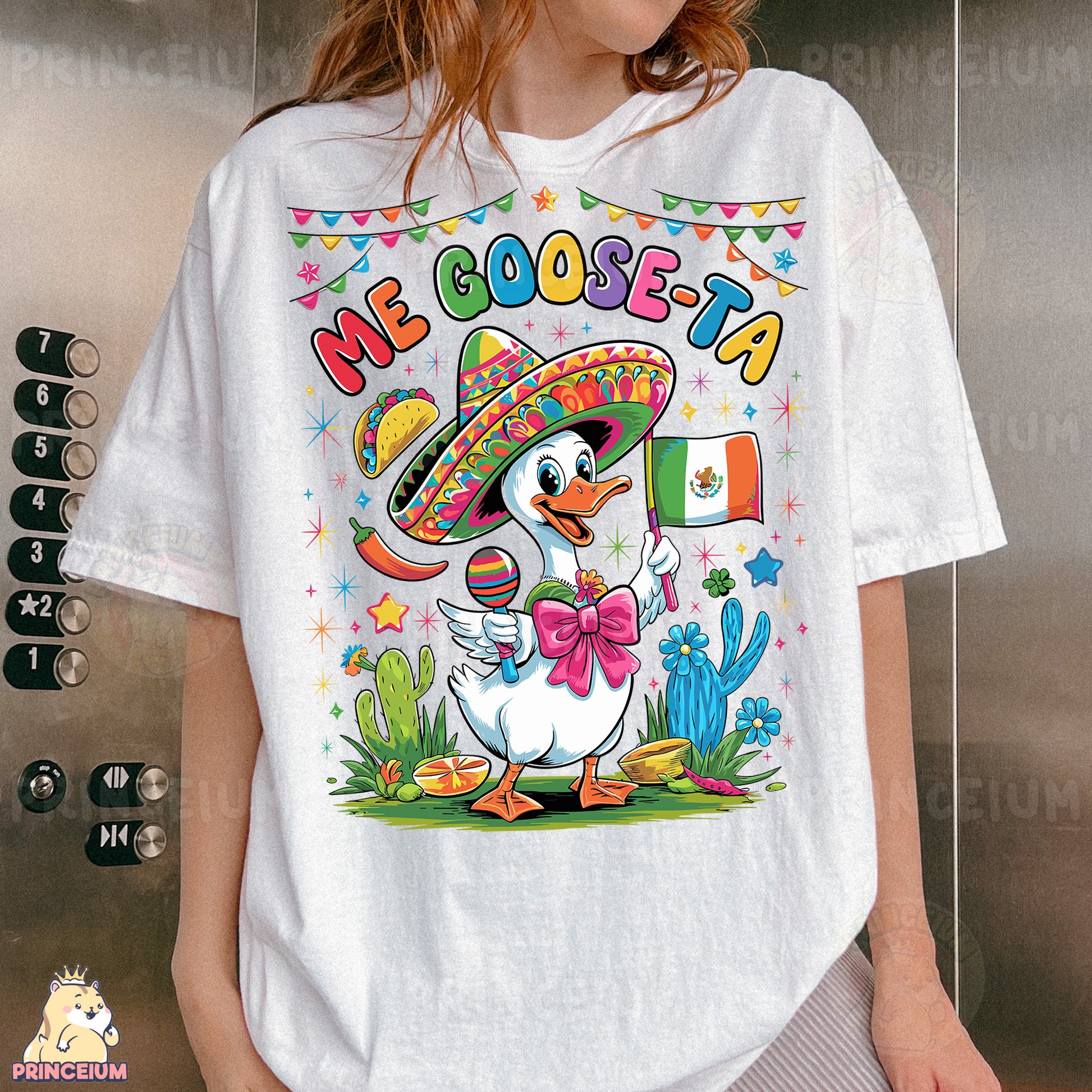 a woman wearing a t - shirt with a cartoon duck wearing a sombrero