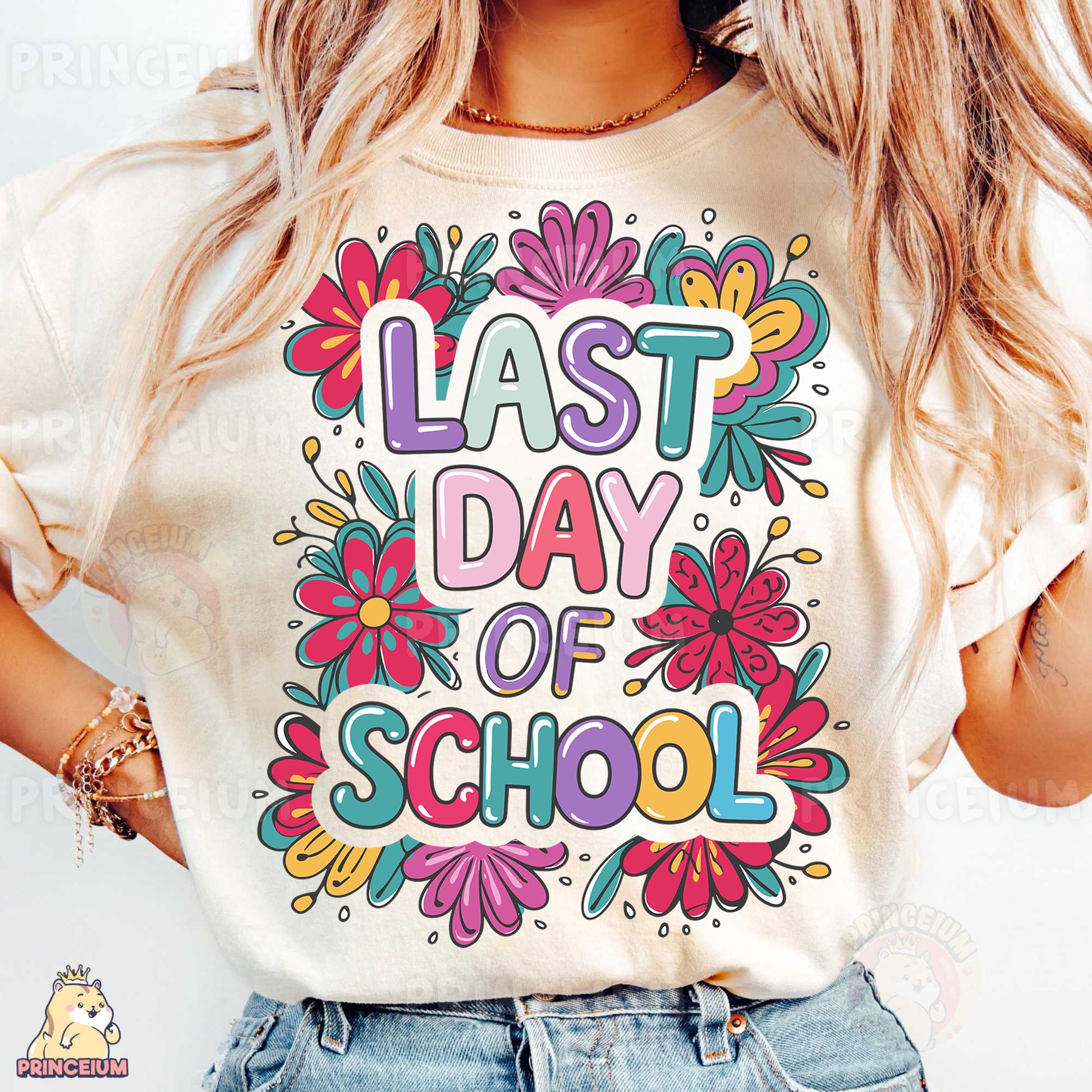 a woman wearing a t - shirt that says last day of school