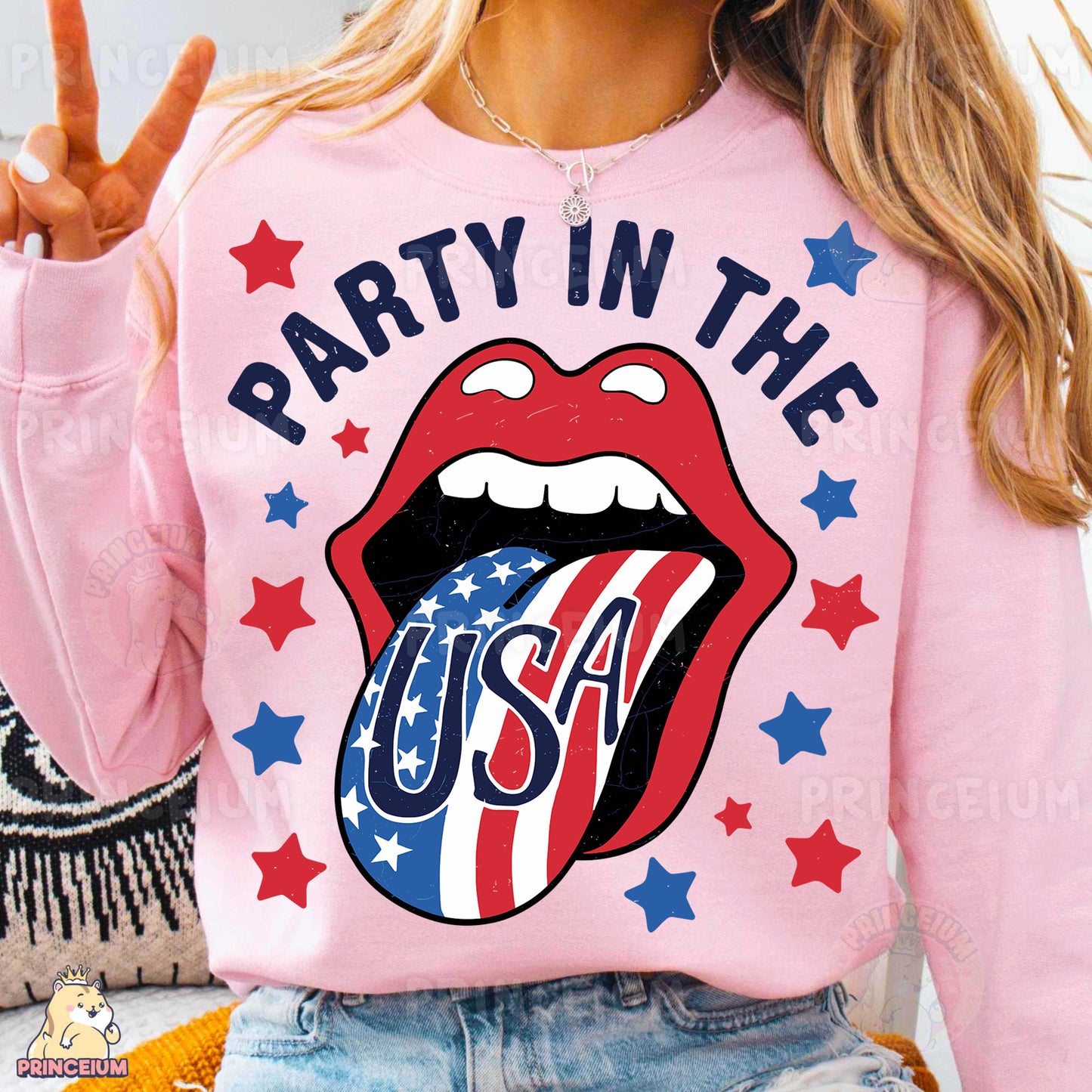 a woman wearing a pink shirt that says party in the usa