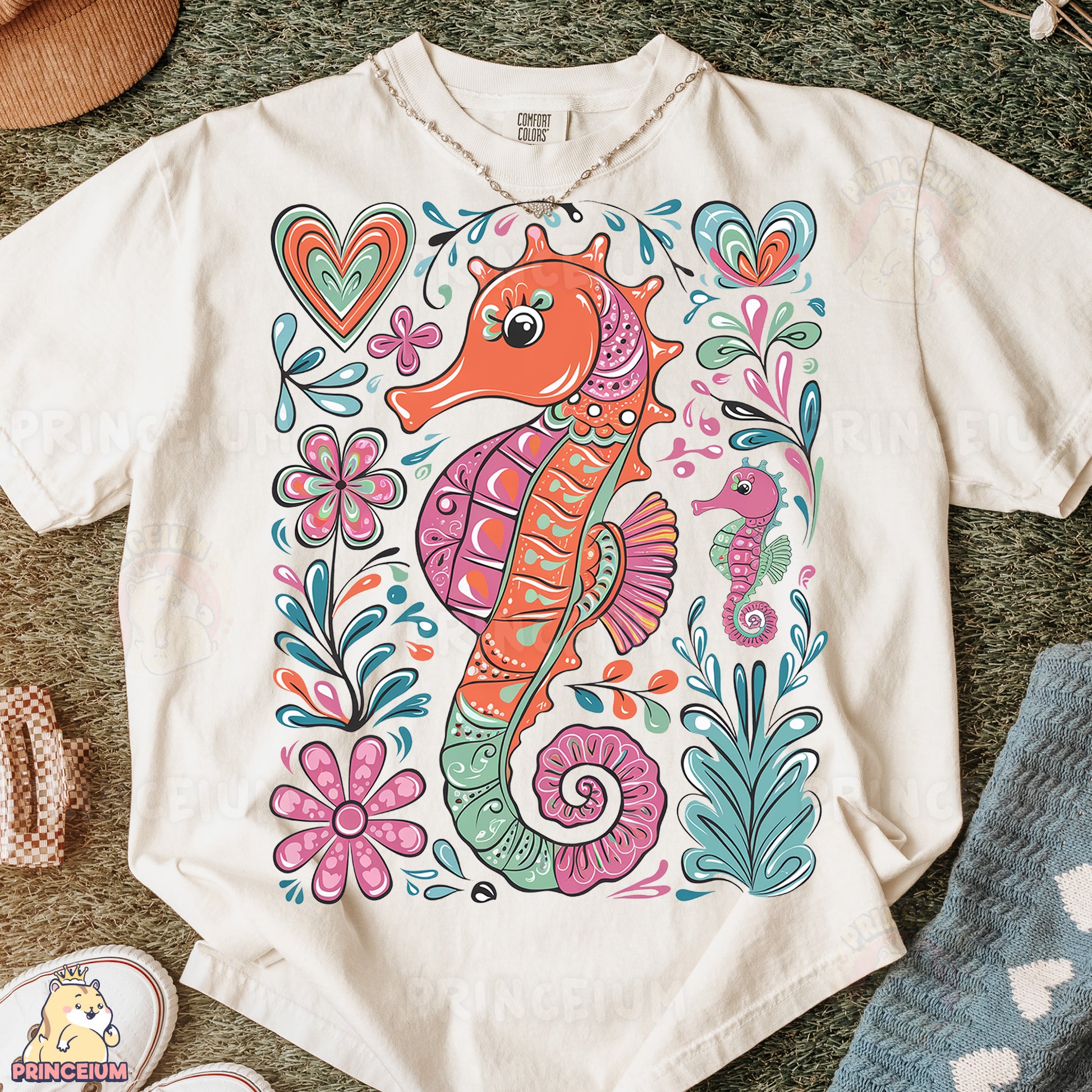 a t - shirt with a picture of a sea horse on it