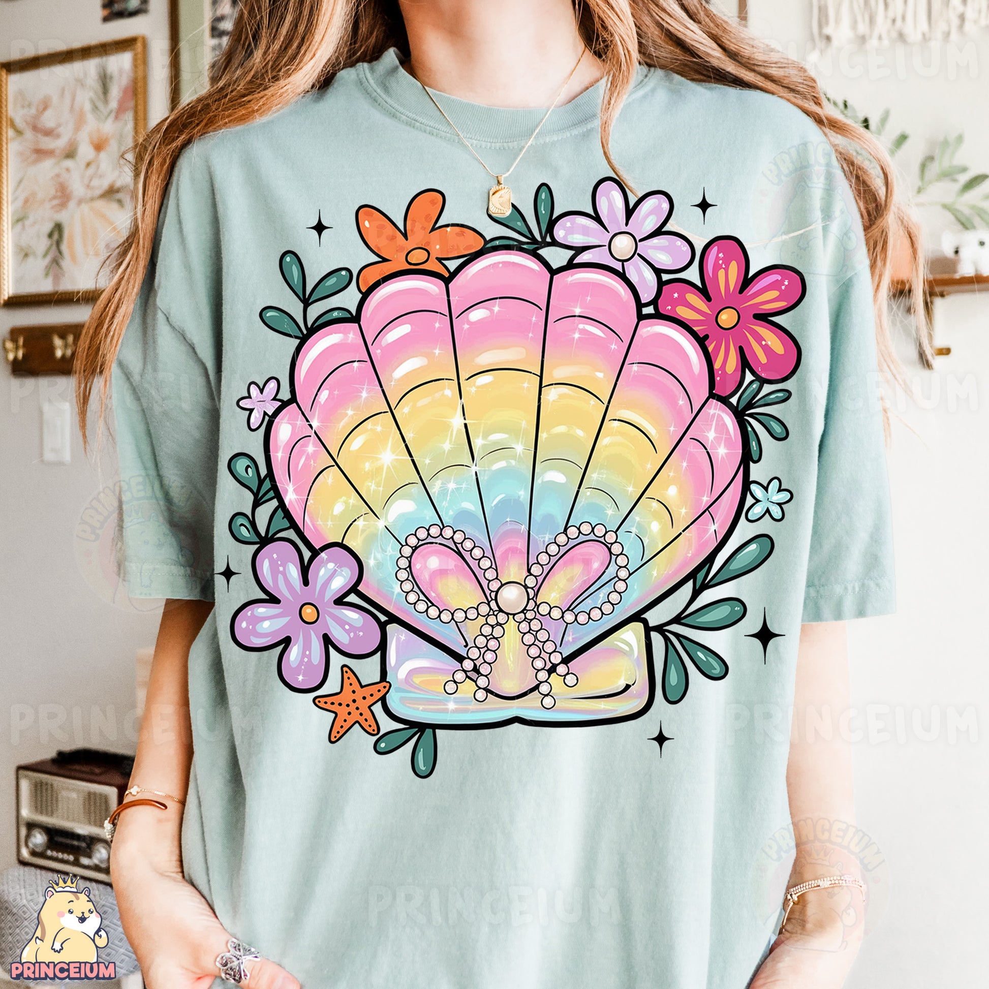 a woman wearing a t - shirt with a seashell on it