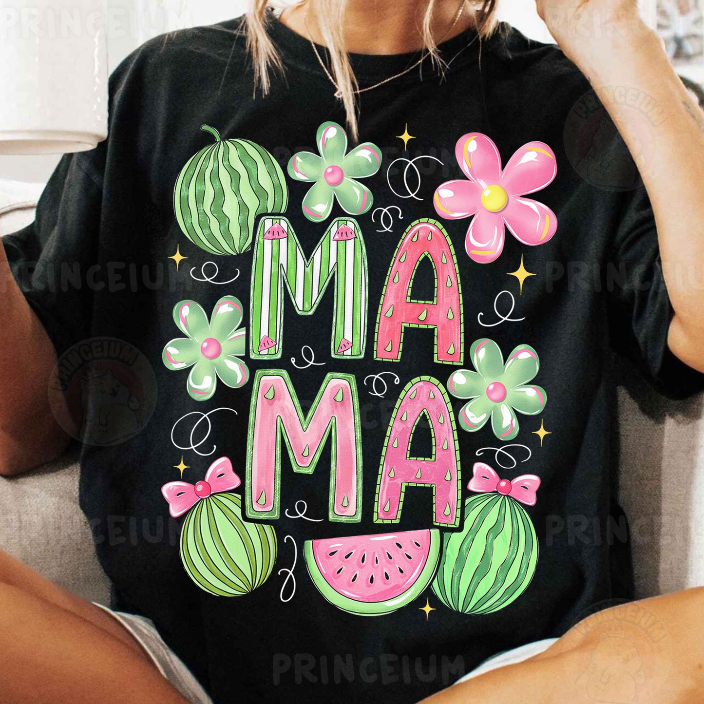 a woman sitting on a couch wearing a t - shirt with the word maa