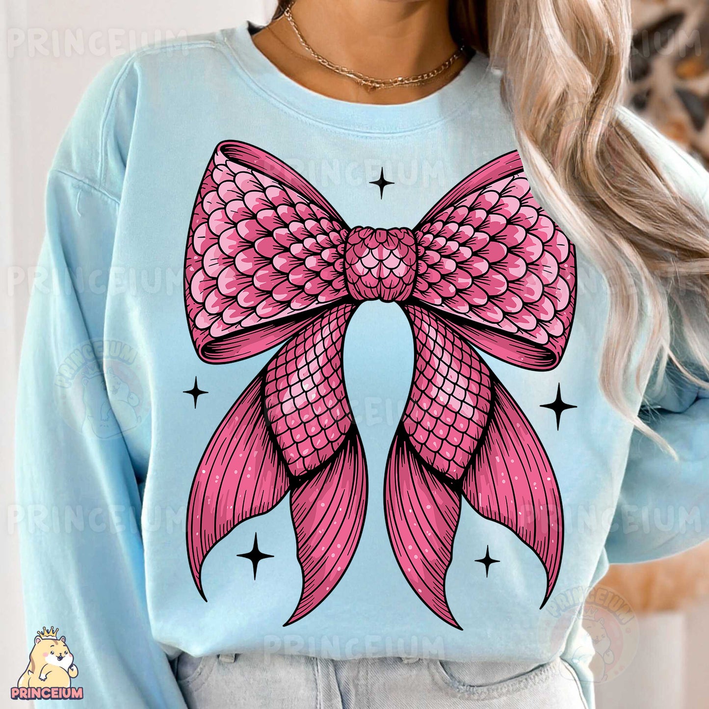 a woman wearing a blue shirt with a pink bow on it