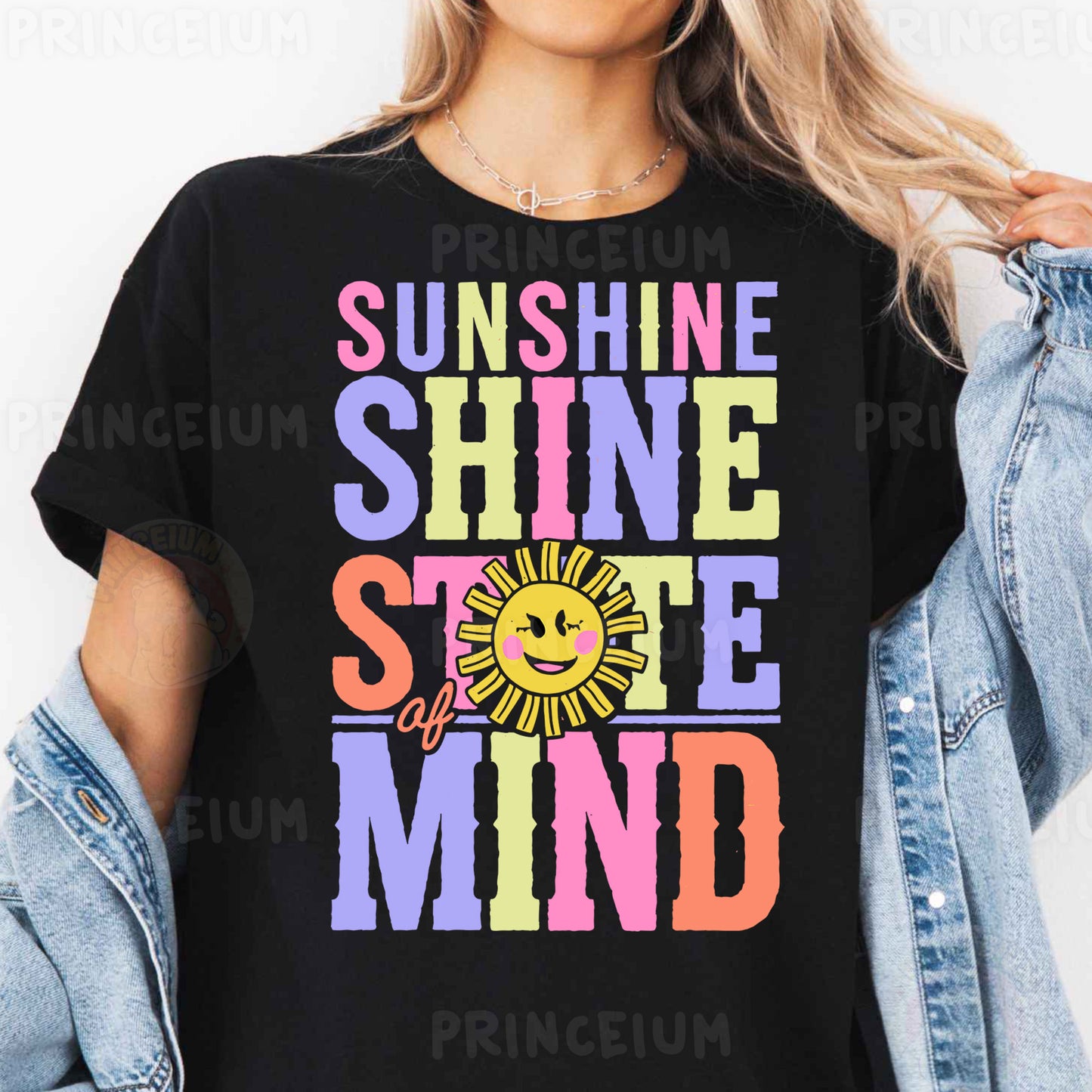 a woman wearing a black shirt that says sunshine shine and smile