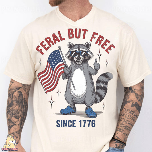 a man wearing a t - shirt with a raccoon holding an american flag