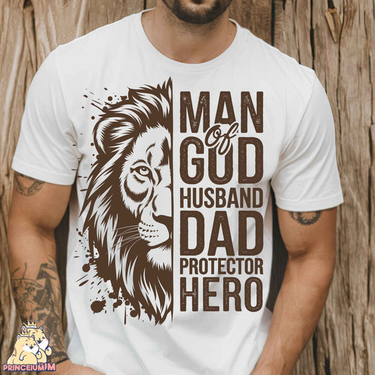 a man wearing a white shirt with a lion on it