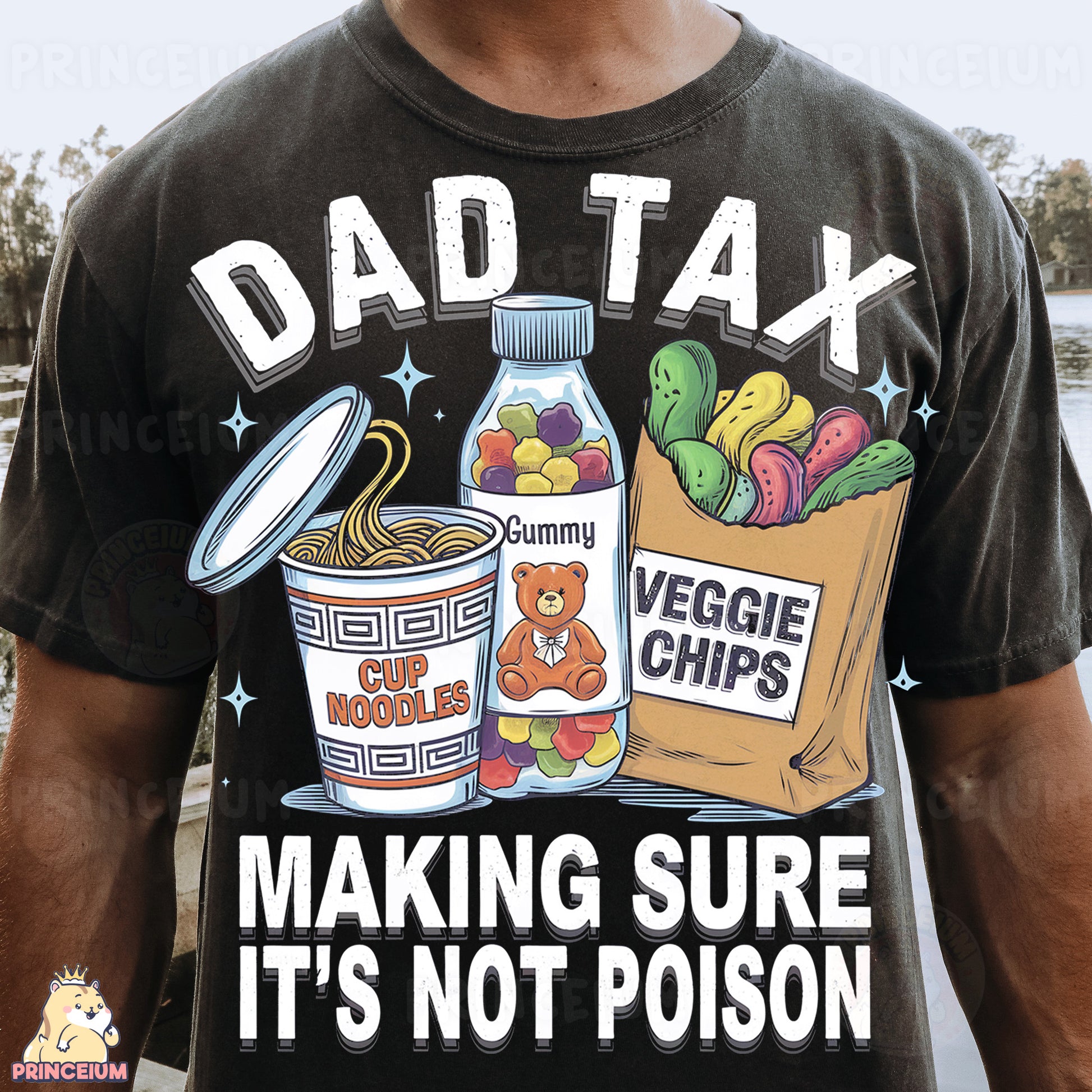 a man wearing a shirt that says dad tax making sure it's not po