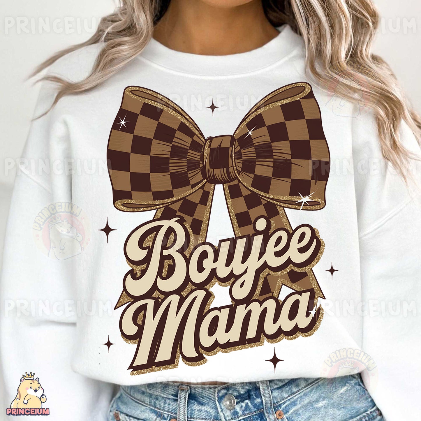 a woman wearing a white sweater with a brown bow