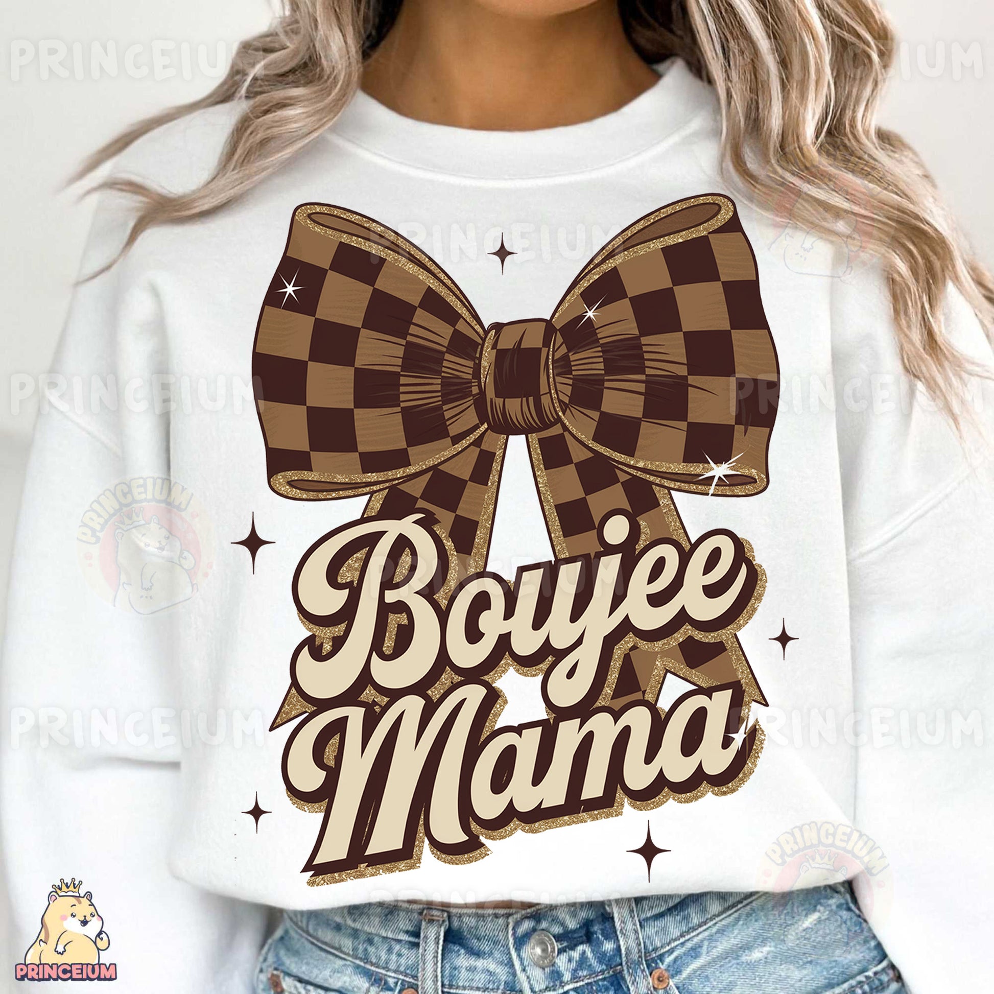 a woman wearing a white sweater with a brown bow