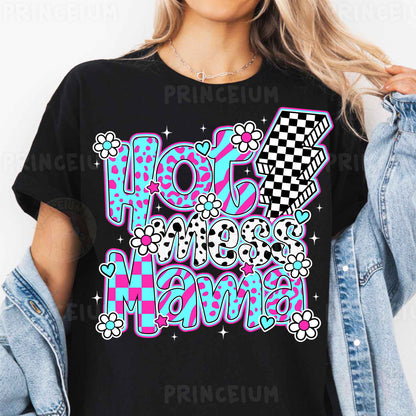 a woman wearing a black t - shirt with the words hot mama on it