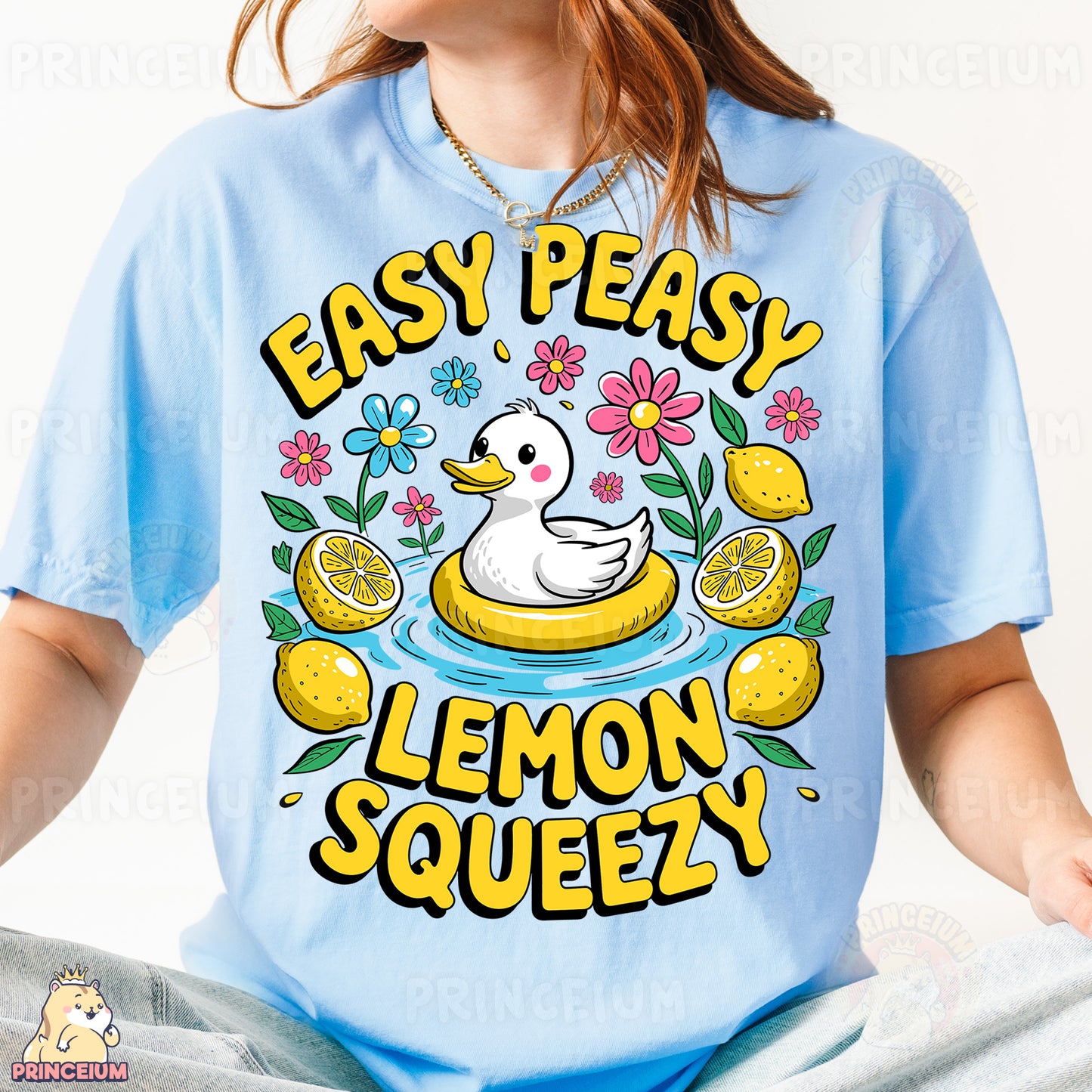 a woman wearing a t - shirt that says easy peasy lemon squeezey