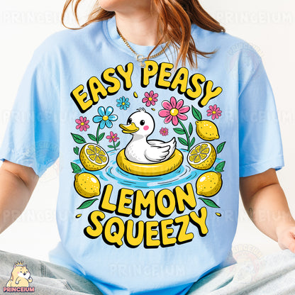 a woman wearing a t - shirt that says easy peasy lemon squeezey