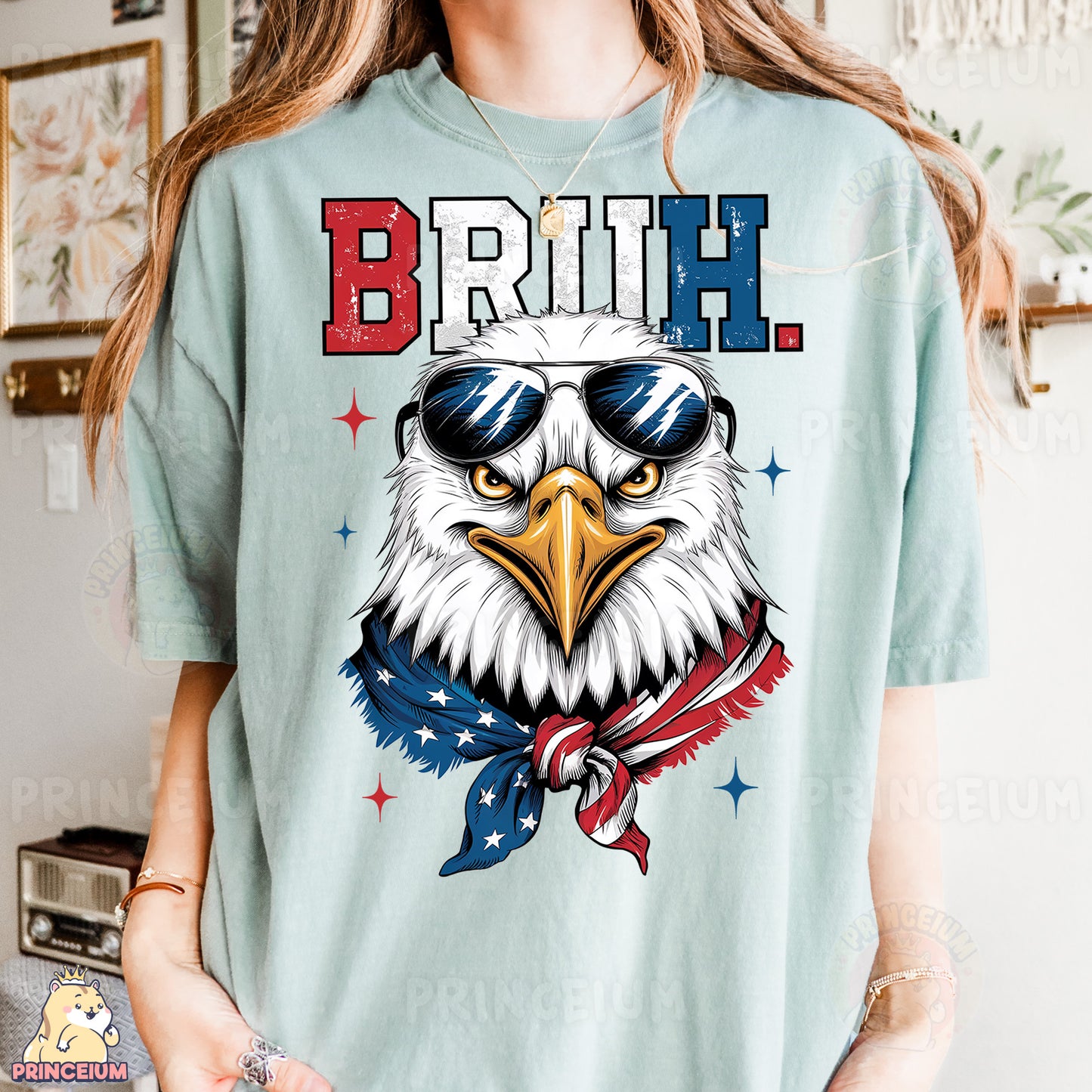 a woman wearing a t - shirt with an eagle wearing sunglasses