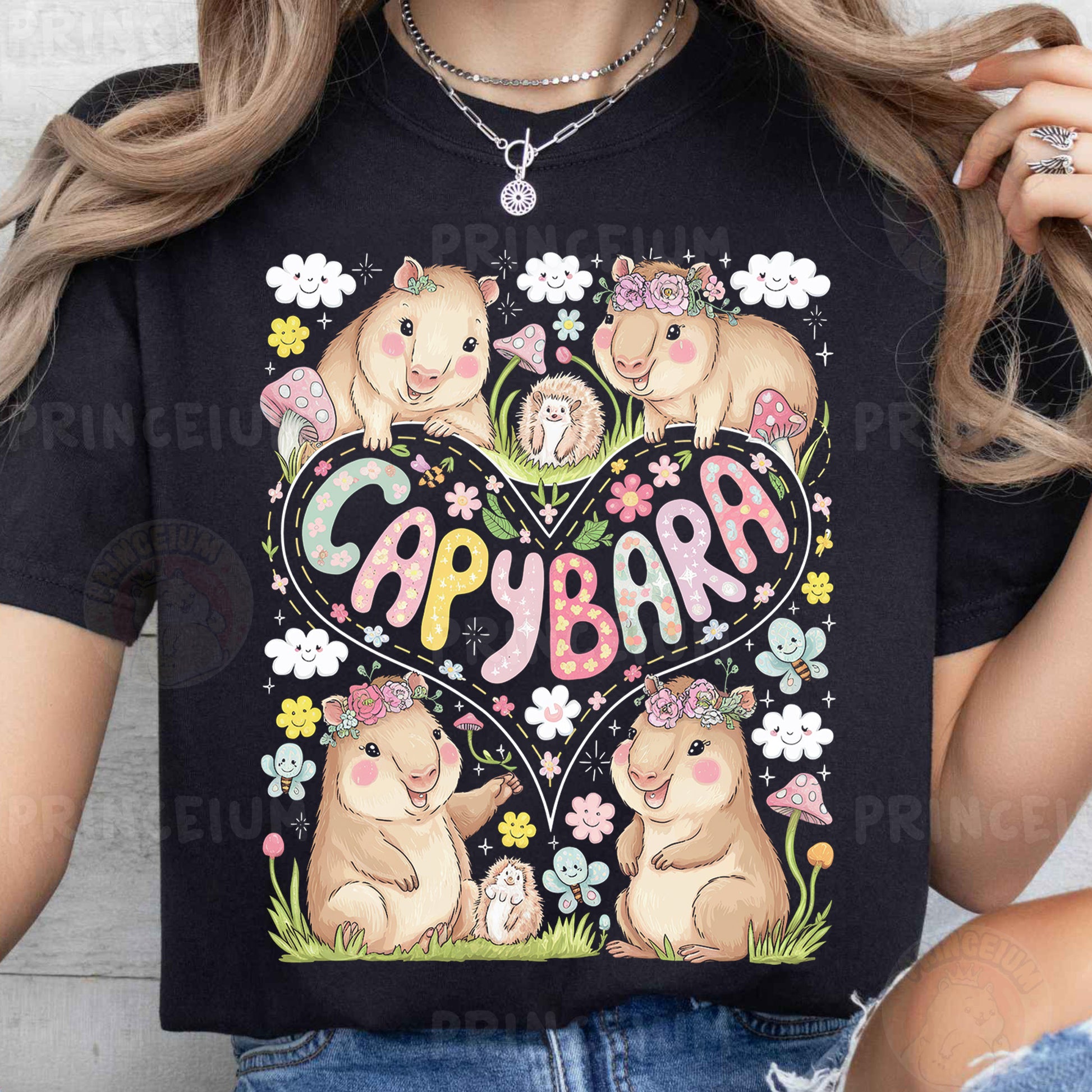 a woman wearing a black t - shirt with the words capybar on it