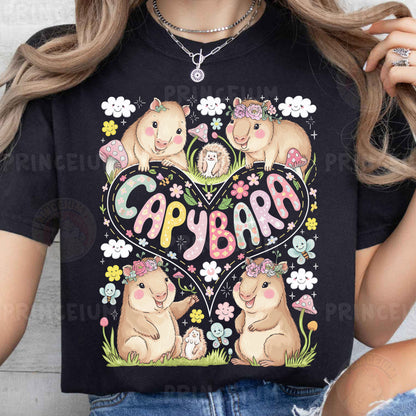 a woman wearing a black t - shirt with the words capybar on it