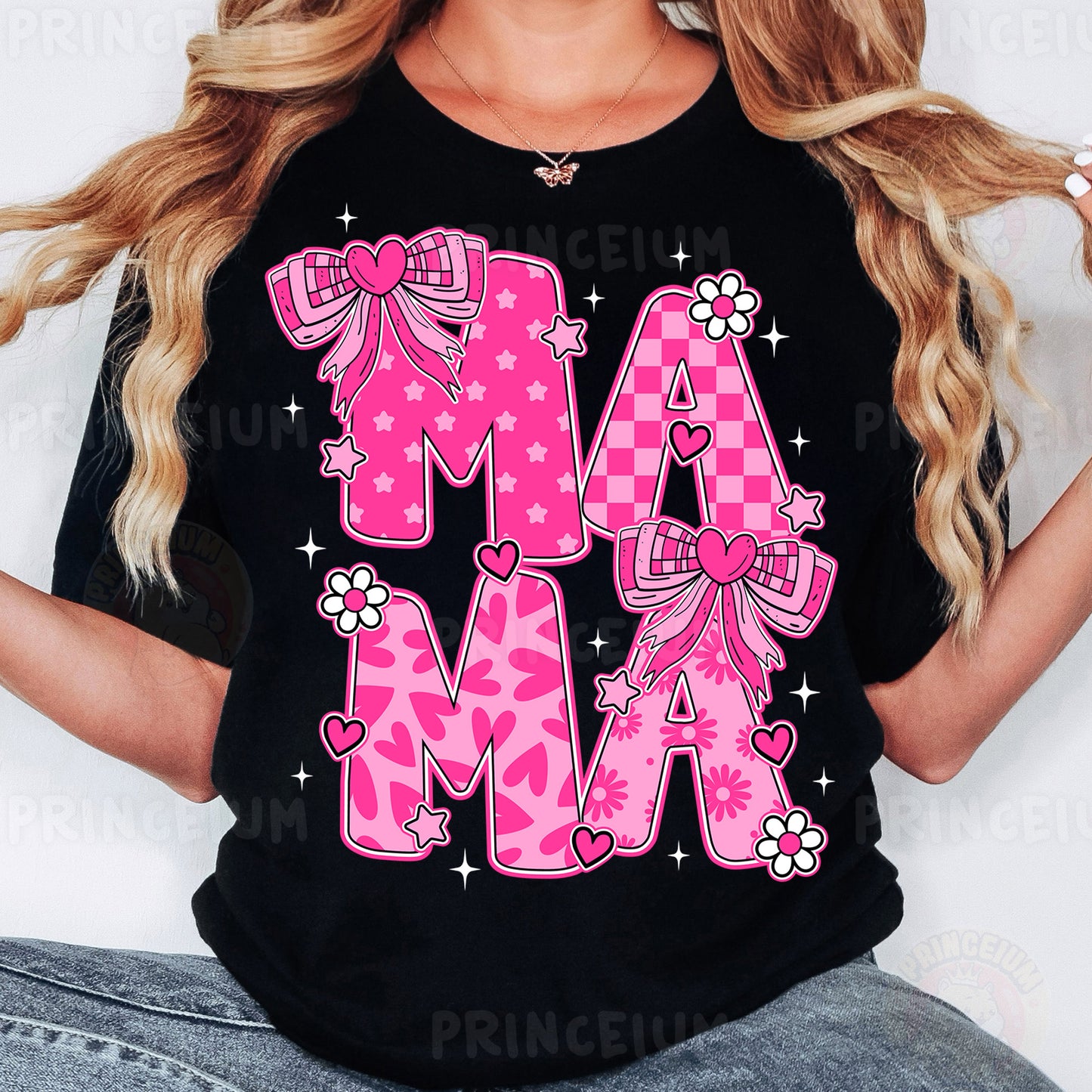 a woman wearing a black shirt with pink letters and bows