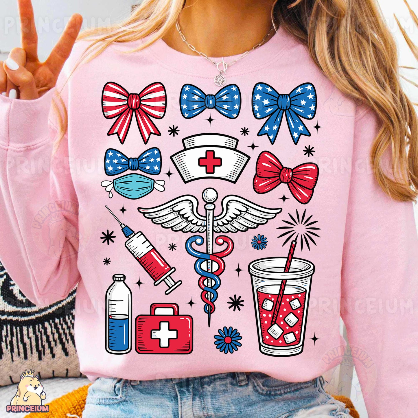 a woman wearing a pink shirt with medical symbols on it