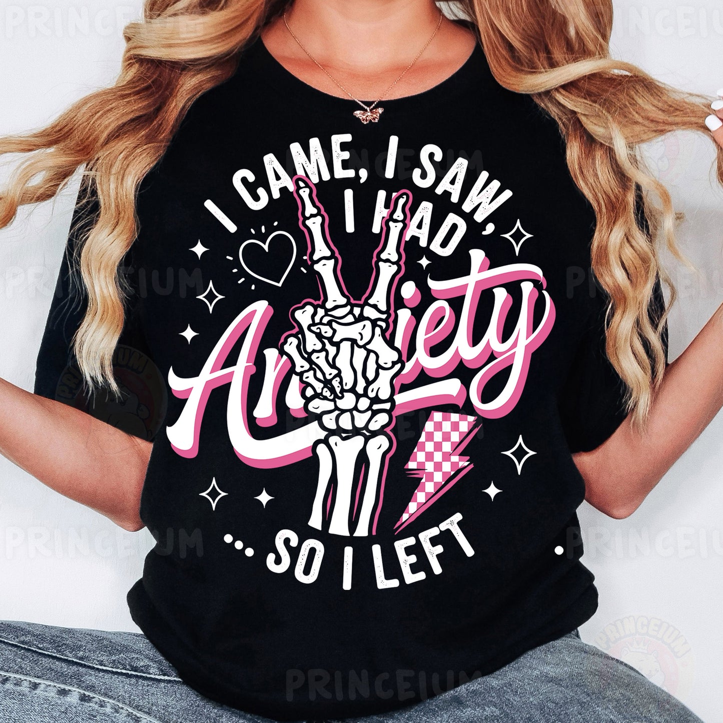 a woman wearing a black t - shirt that says i came i saw i had