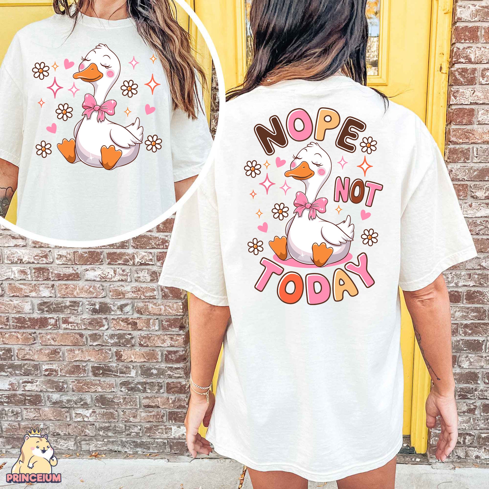 a woman wearing a white shirt with a duck on it