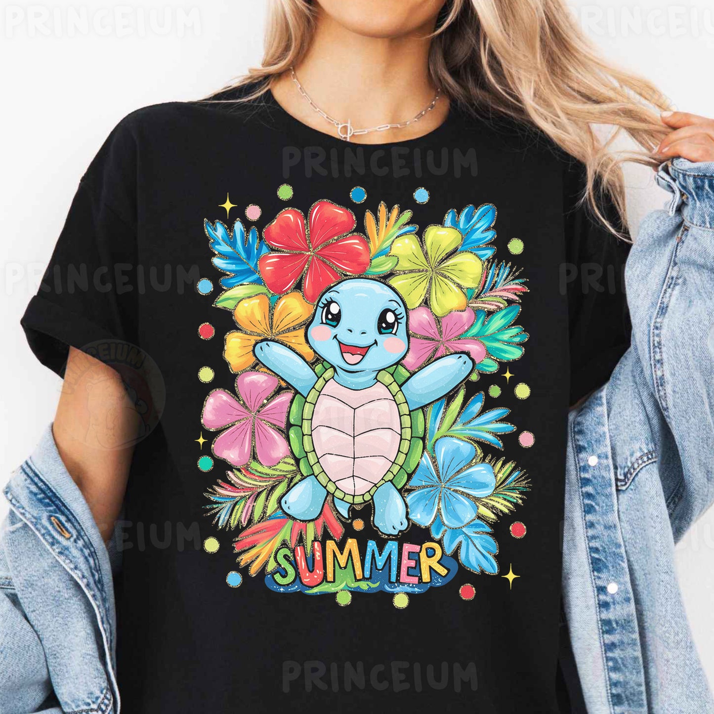 a woman wearing a black shirt with a turtle on it
