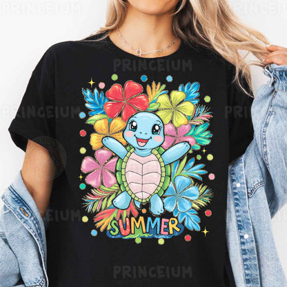 a woman wearing a black shirt with a turtle on it