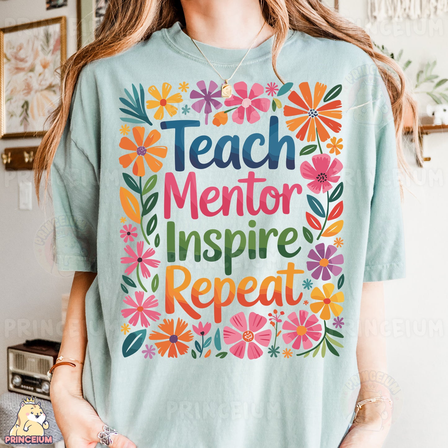 a woman wearing a t - shirt that says teach mentor inspire repeat