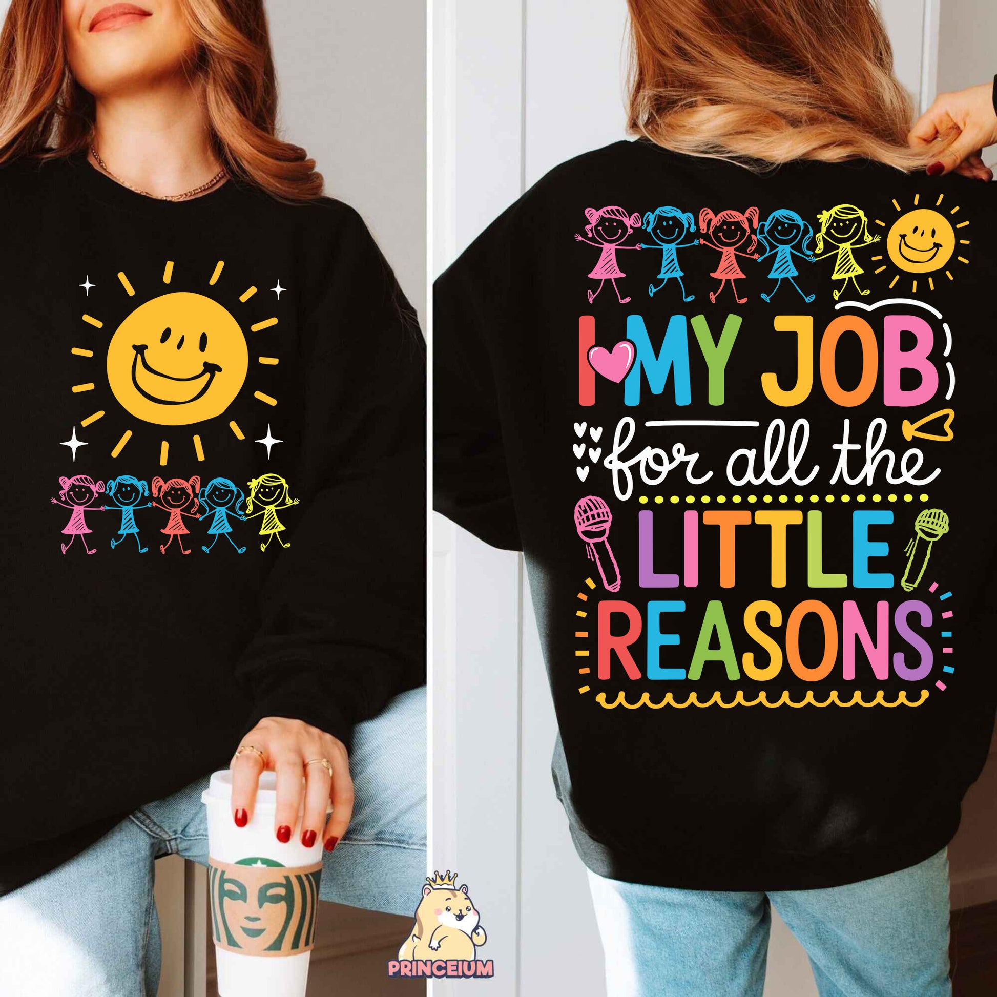 a woman wearing a black sweatshirt that says, my job for all the little reason