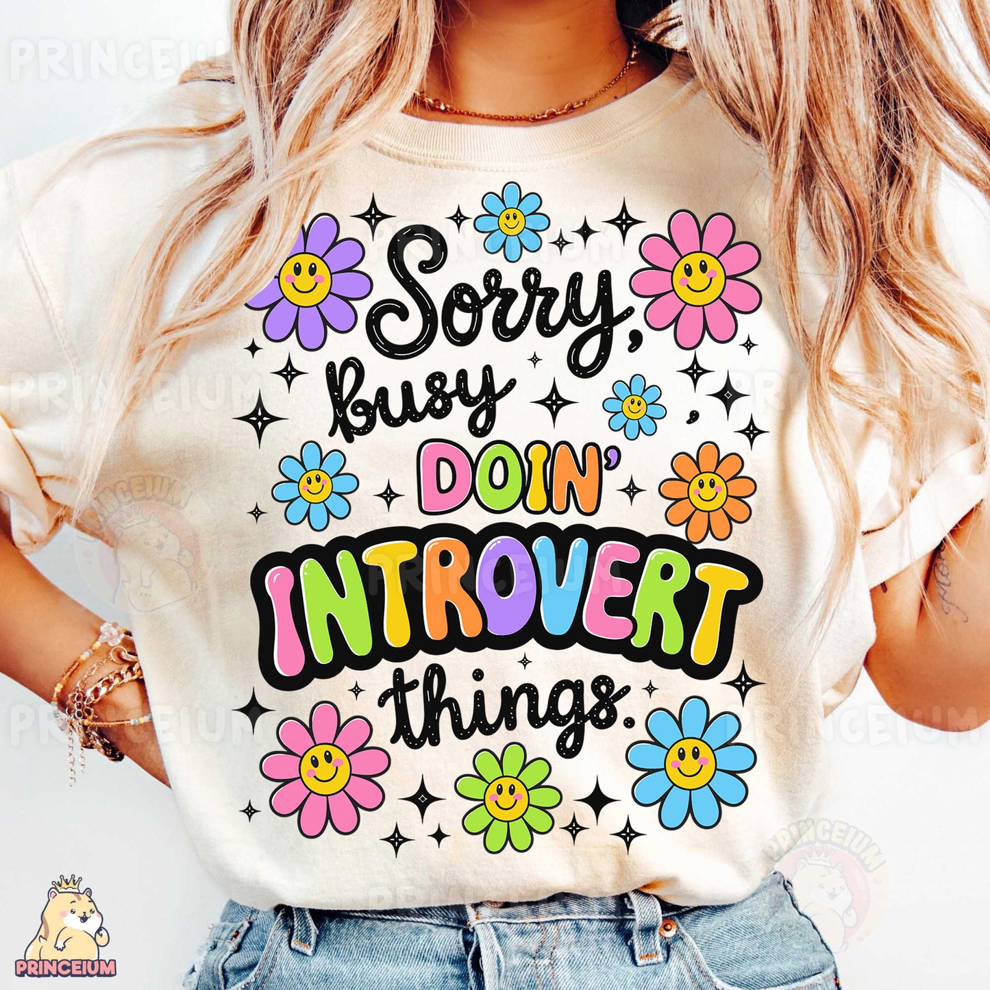 a woman wearing a t - shirt that says sorry but don't provet