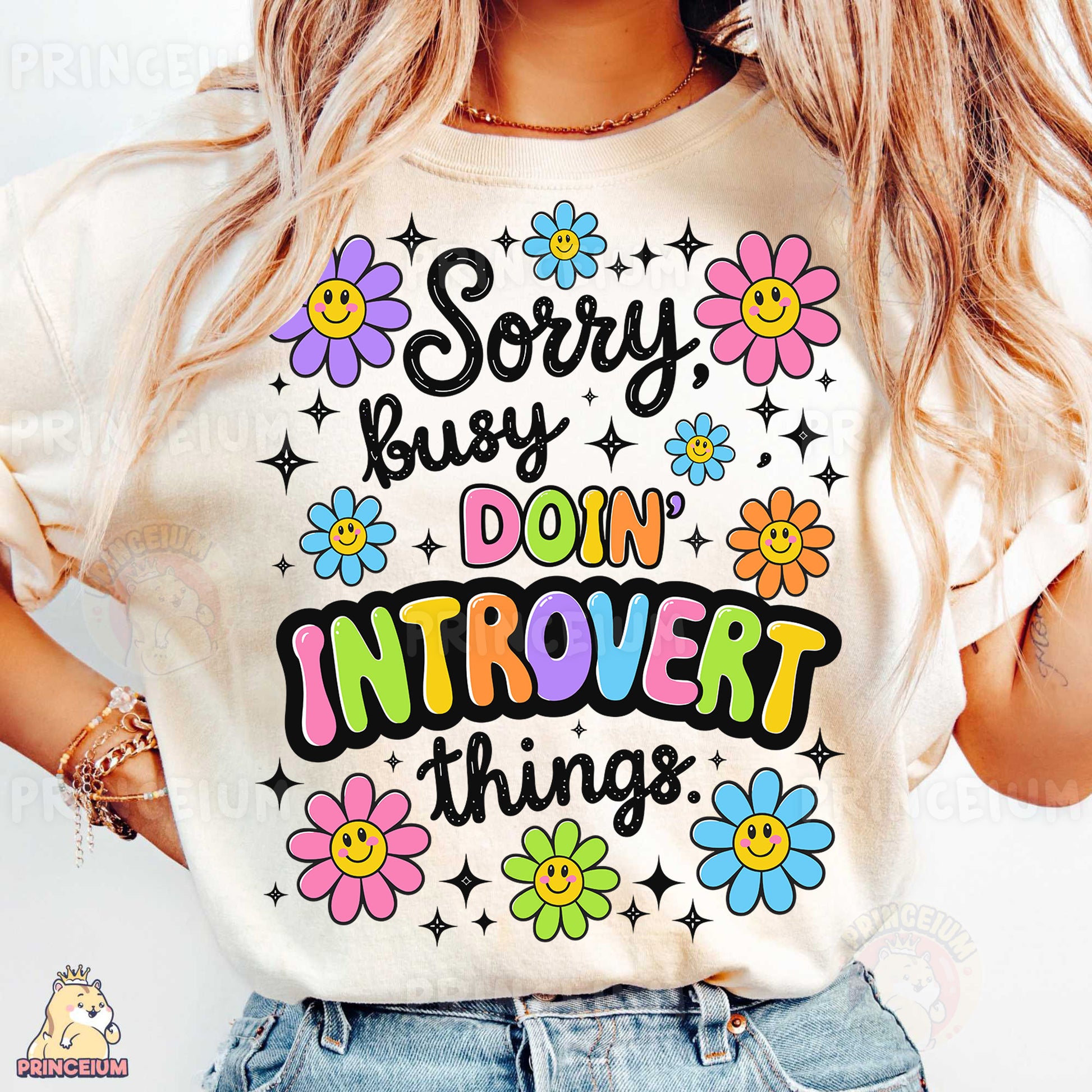 a woman wearing a t - shirt that says sorry but don't provet